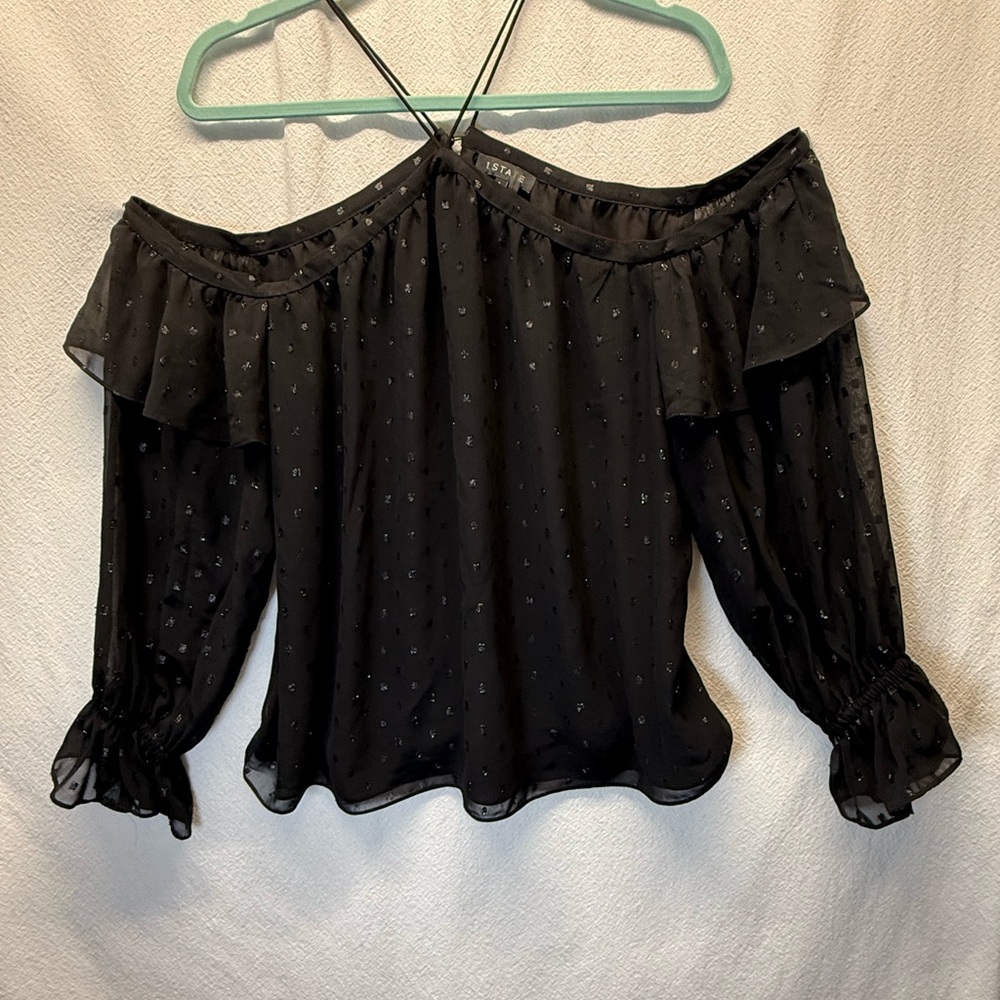 Gothic Vibe STATE Black Glittery Halter Off-Shoulder Blouse |Poet Sleeves Moody